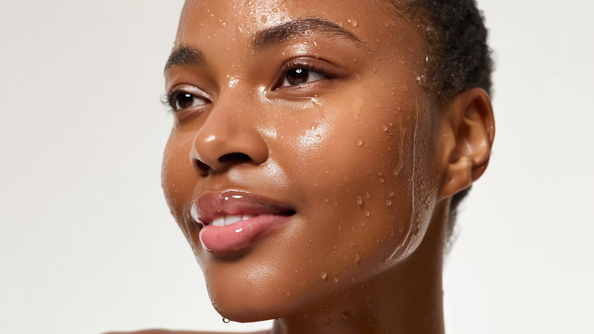 Nahaufnahme eines lächelnden jungen afrikanischen Frauengesichts mit feuchter, glänzender Haut und Wassertropfen.