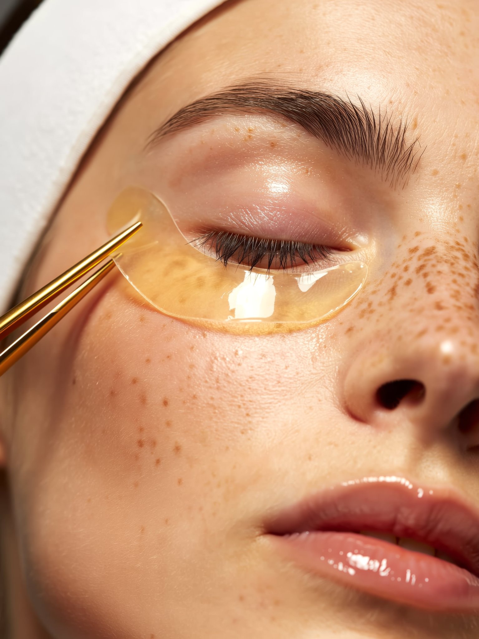 Nahaufnahme eines geschlossenen Auges einer Frau mit Sommersprossen, unter dem Auge wird eine goldene Augenmaske mit einer Pinzette platziert.