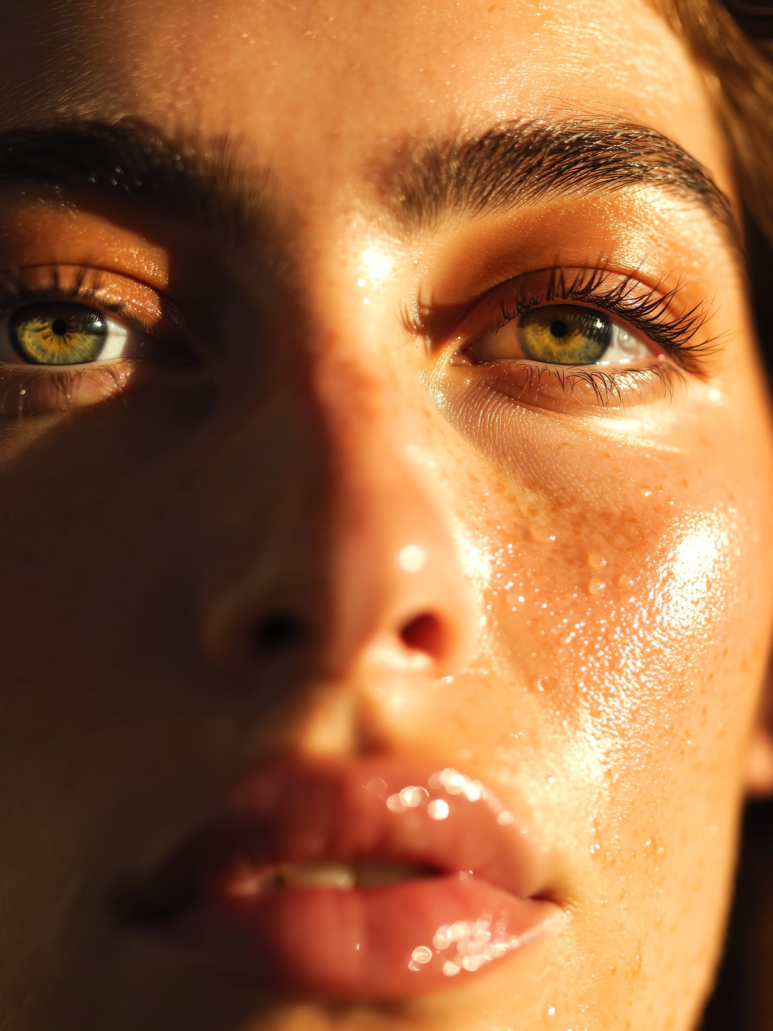 Nahaufnahme eines Teints mit glänzender, feuchter Haut, sichtbaren Poren, Sommersprossen und grünen Augen im warmen Sonnenlicht.