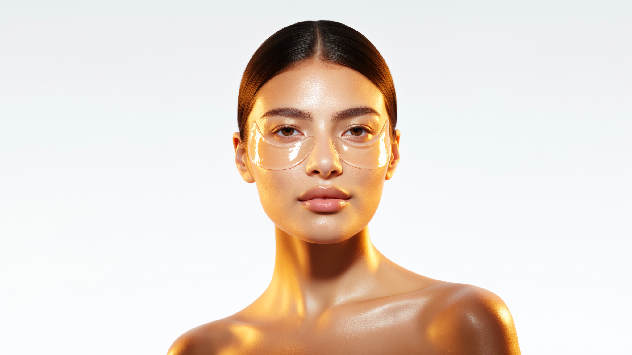 Frau mit glatter Haut trägt transparente Augenpads unter den Augen, vor hellem Hintergrund.